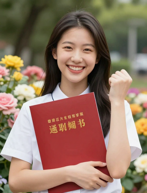 女孩手捧录取通知书，鲜花环绕笑靥如花