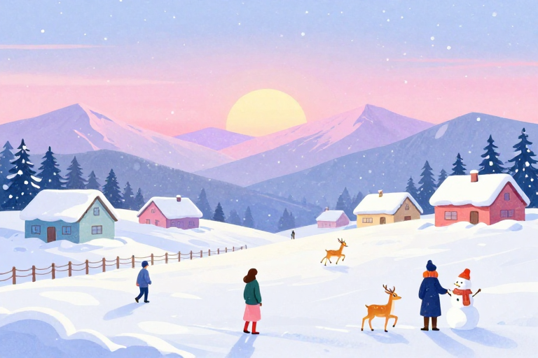 梦幻冬日雪景插画：暖落日与静谧小屋