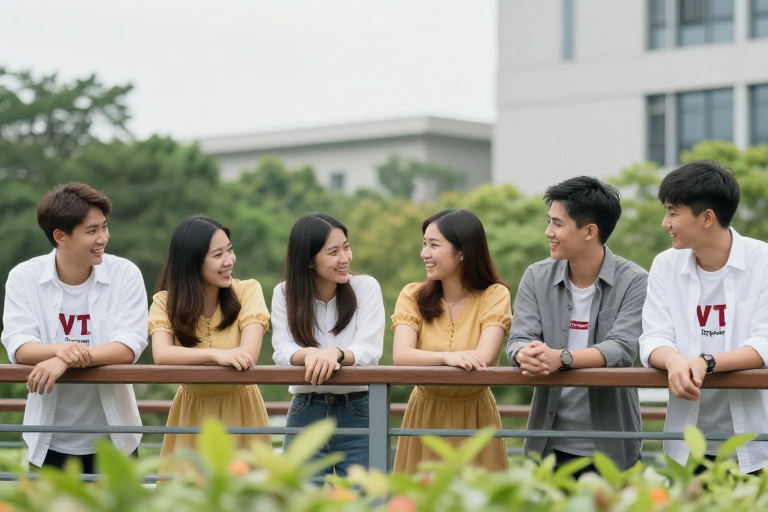 青春活力:六位亚洲青年在现代城市背景下自然合影