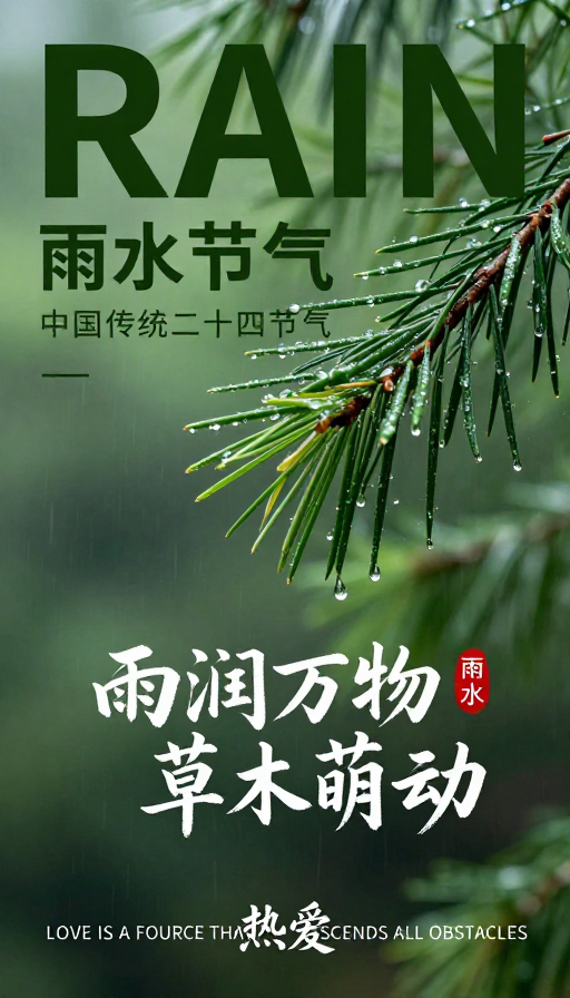 雨水节气海报：墨绿诗意与东方现代融合