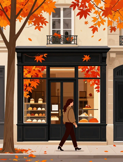 秋意浓郁的巴黎面包店:装饰艺术风插画