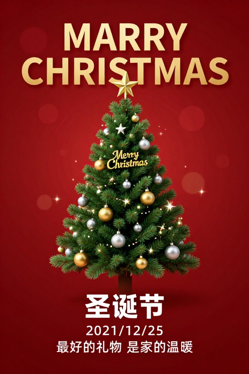 金色圣诞树温暖贺卡：现代节日宣传设计
