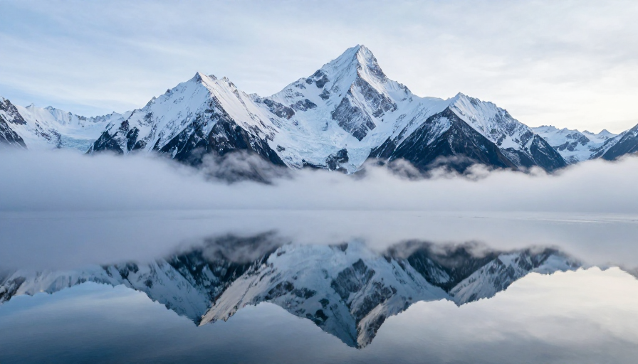 巍峨雪峰映平湖：冷调光影中的静谧壮美