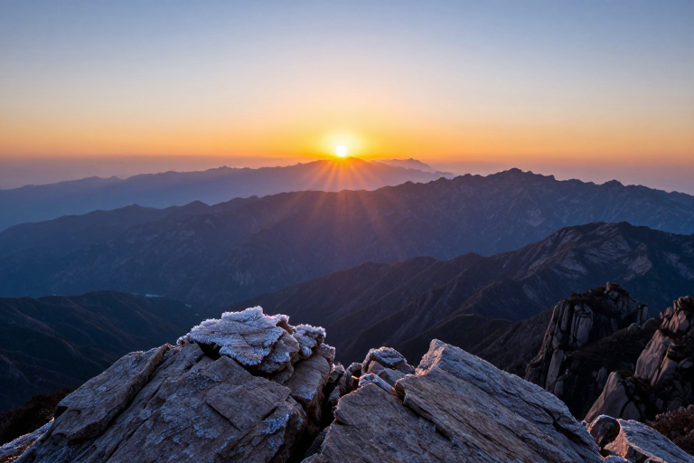 晨曦之巅：高崖日出星芒与霜晶的壮丽光影