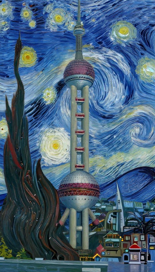 梵高星空下的上海夜景:笔触流转的东方明珠