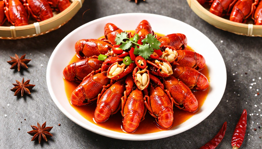 俯拍红油麻辣小龙虾:油润虾肉与香料交织的美味盛宴