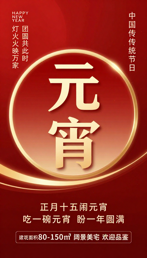 元宵佳节红金设计海报,团圆喜庆高级感