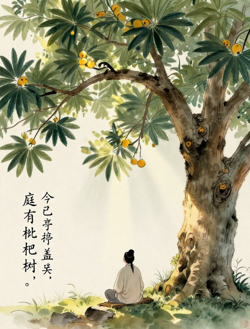 古典诗意:手绘中庭枇杷树下的诗人背影