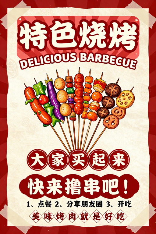 复古烧烤海报:怀旧风市井美食宣传