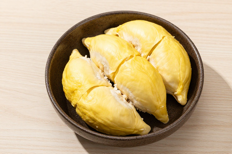 金黄榴莲果肉特写：自然光影下的陶碗美食