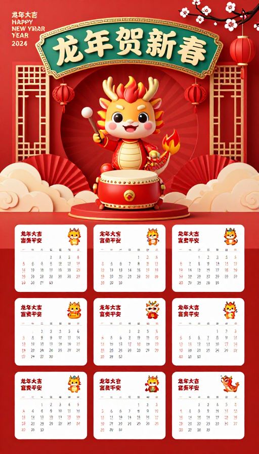 龙年吉庆：传统风新年日历海报
