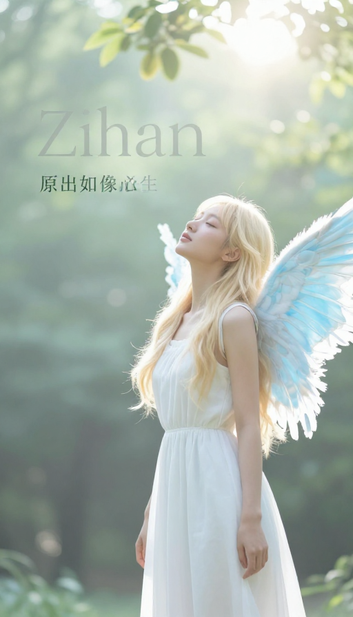 神圣之光：金发天使在绿意森林中的宁静仰望