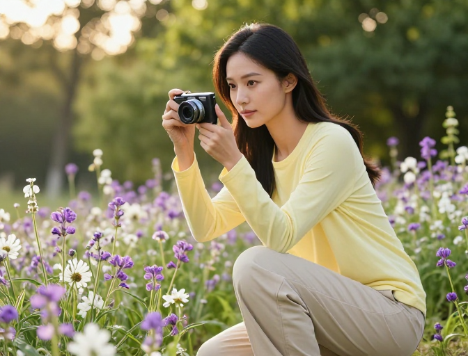 紫花丛中女性摄影师:自然光影人像摄影