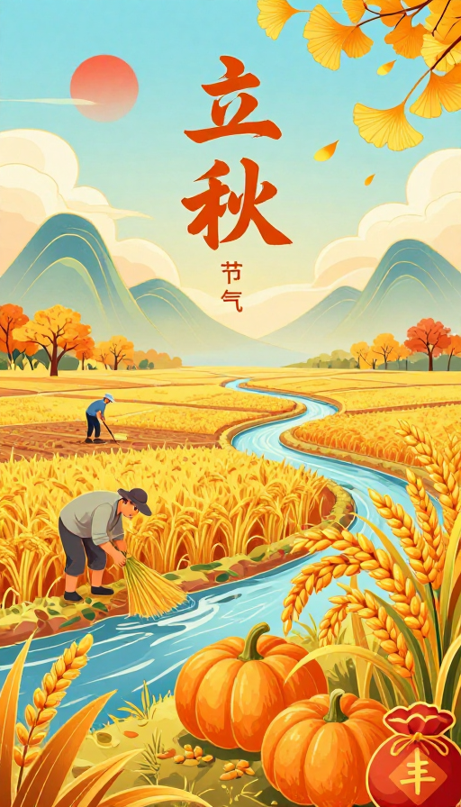 新中式立秋丰收景——金黄稻浪与农人喜悦