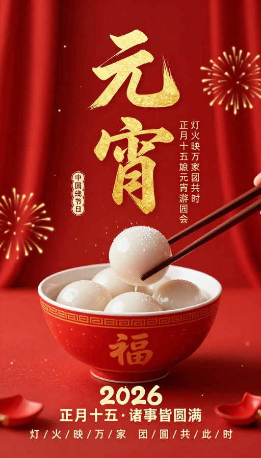 中国风元宵节海报:红金配色团圆盛宴
