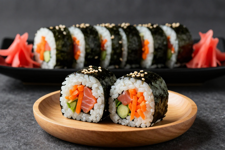 精致寿司卷特写:深灰背景呈现日式美食高级质感