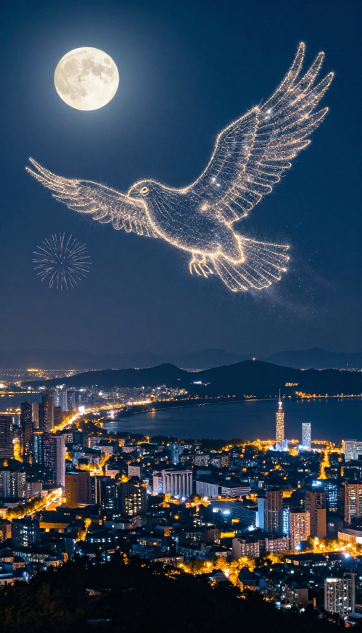 月光下的中国夜景:灯火星光中的神话大鹏