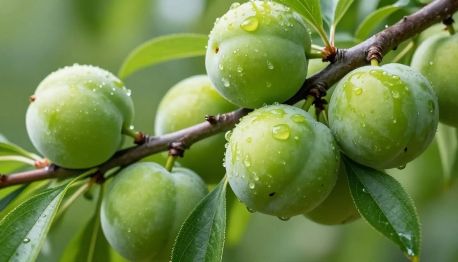 清新青绿：枝头未熟李子特写摄影