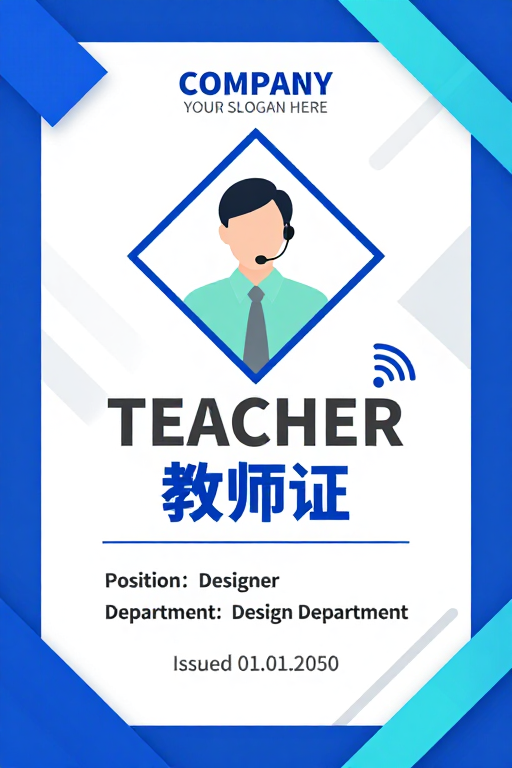 蓝白几何线条点缀的现代简约商务教师证设计