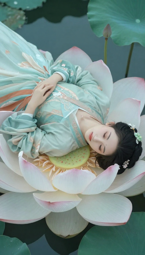 古典美人静卧梦幻莲华：超现实主义古风摄影