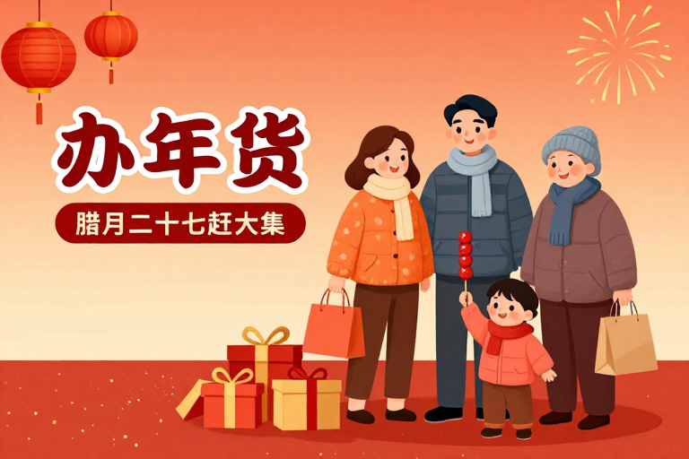 春节年货采购温馨喜庆插画背景图