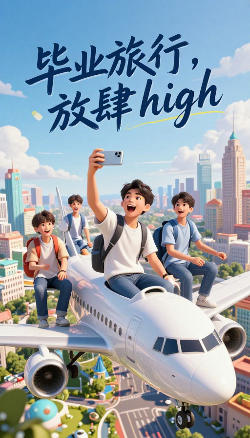 青春高飞:4人驾机俯瞰城市地标 毕业旅行CG海报