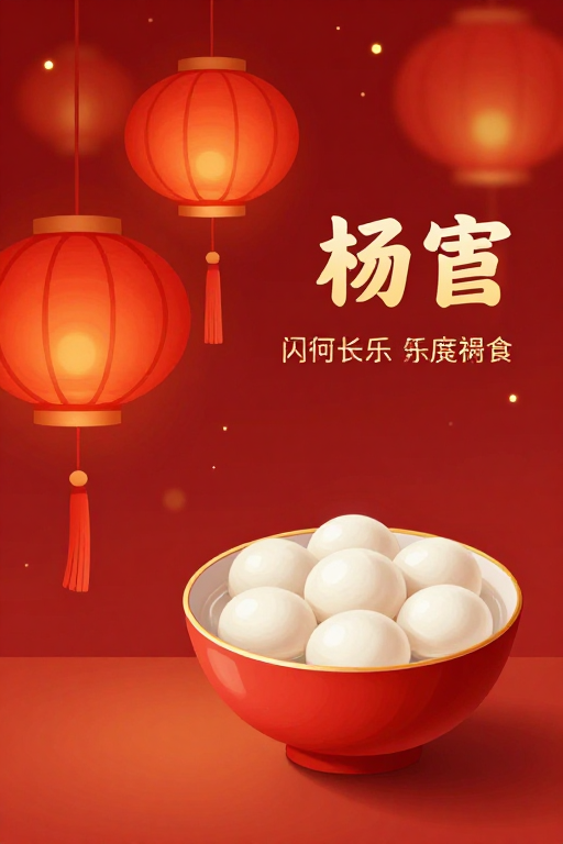 传统佳节喜庆插画：红橙渐变灯笼与汤圆