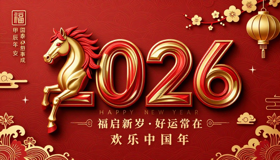 2026新年中国风红金马头立体海报设计