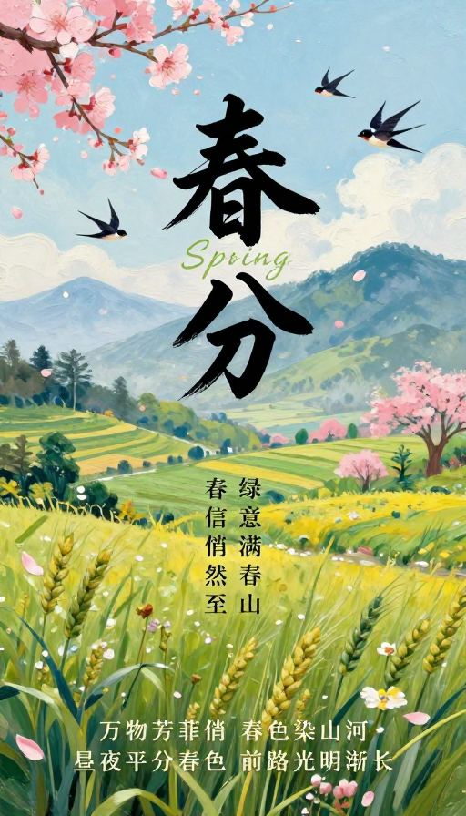 春分诗意画卷：青绿手绘油画插画海报