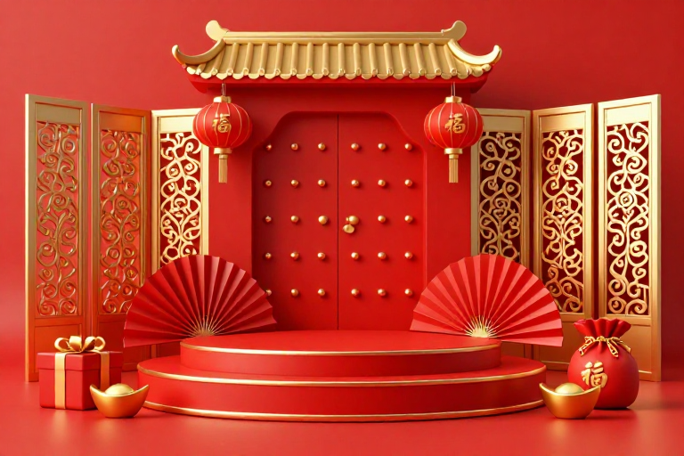 喜庆红金中国风3D展台设计