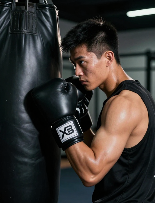 冷峻力量:亚洲男拳击手的侧身肖像