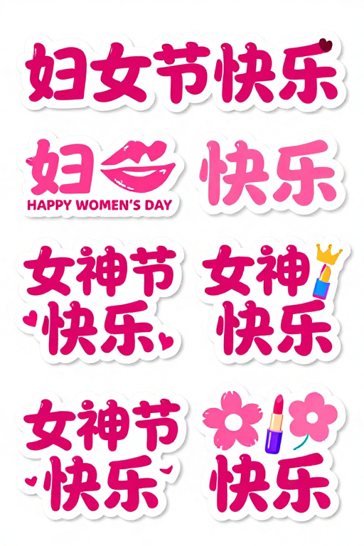 粉嫩手绘卡通文字贴纸:节日祝福与女性元素融合