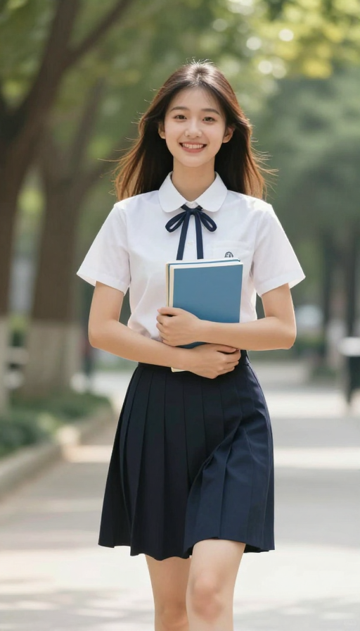 青春活力：校园中的美丽少女漫步林间