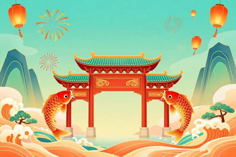 中国风节庆祥和:锦鲤跃龙桥拱门插画