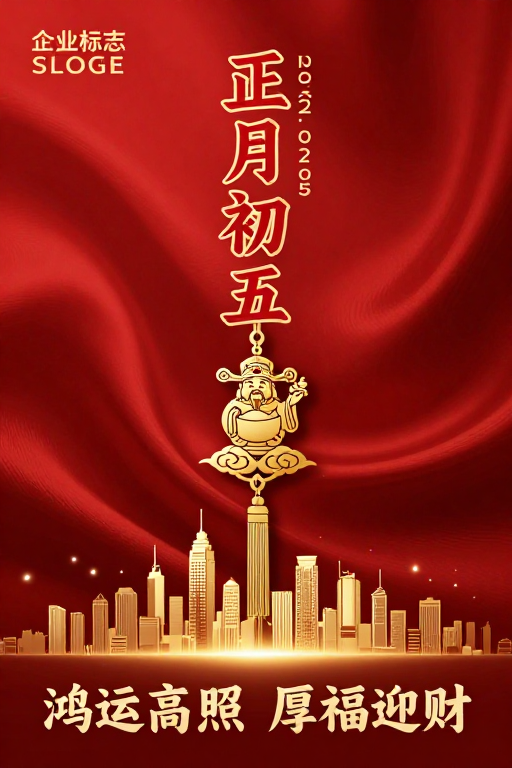 正月初五迎财纳福:喜庆金色城市夜景图