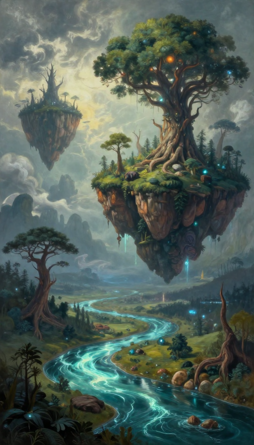 超现实奇幻风景：悬浮岛屿与发光巨树的梦幻世界