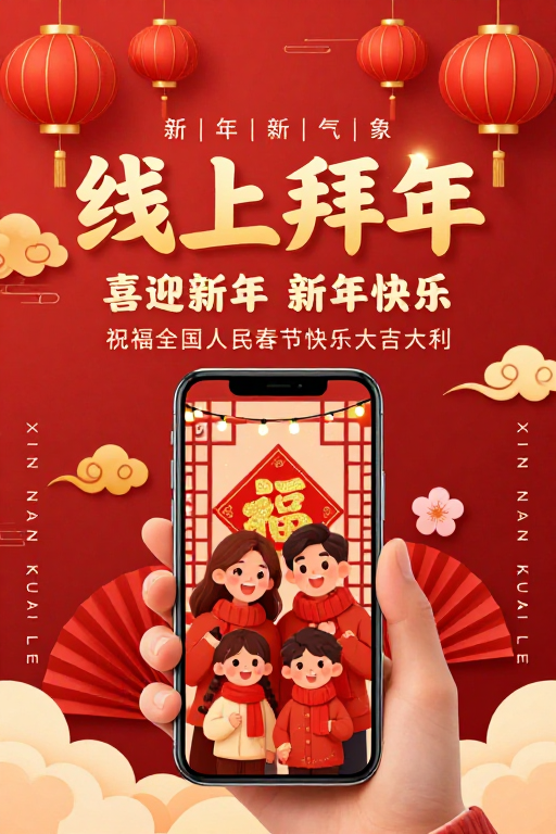 新年限定：红色喜庆中国风线上拜年海报