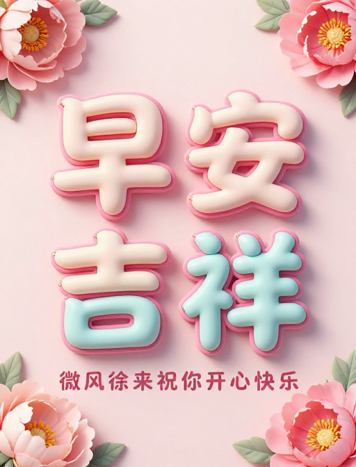 马卡龙3D字体艺术：早安吉祥牡丹背景海报