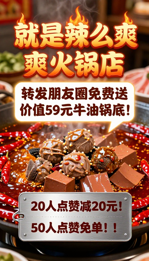 沸腾牛油锅底特写:辣爽火锅促销海报