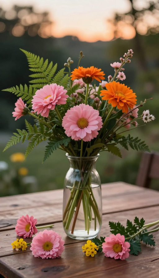 暖光黄昏下的透明花瓶花卉摄影