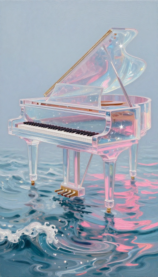 星光透影：透明钢琴与粉彩海浪的油画幻境