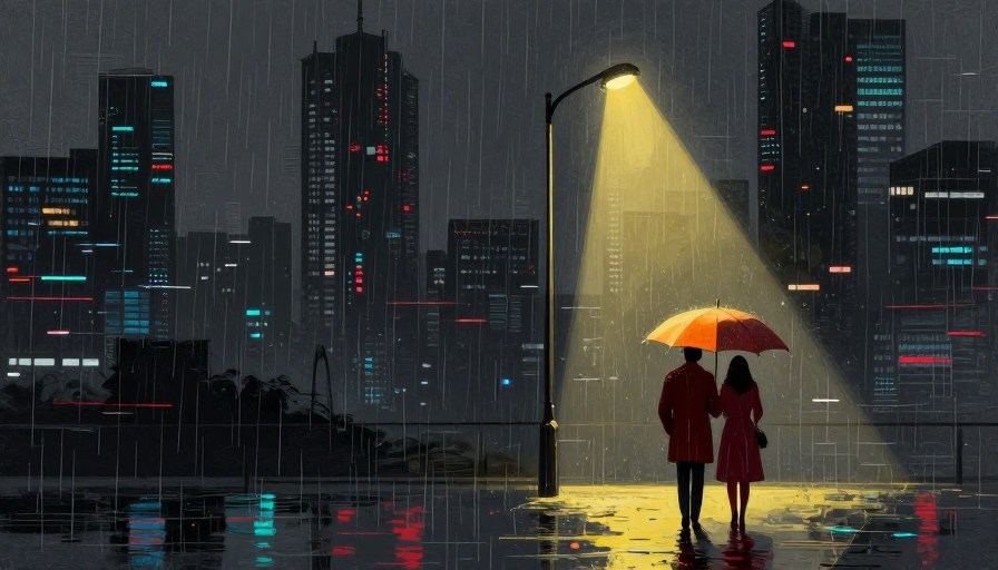 赛博朋克雨夜都市：霓虹光影下的孤寂双人背影