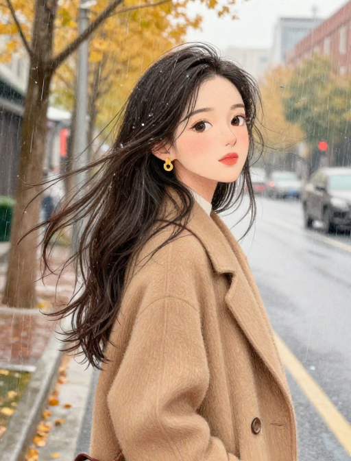 秋日雨街治愈彩铅画：长发美女与驼色外套的温柔瞬间