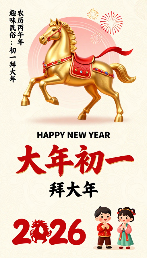 2026丙午年新春贺图：金色骏马迎祥瑞