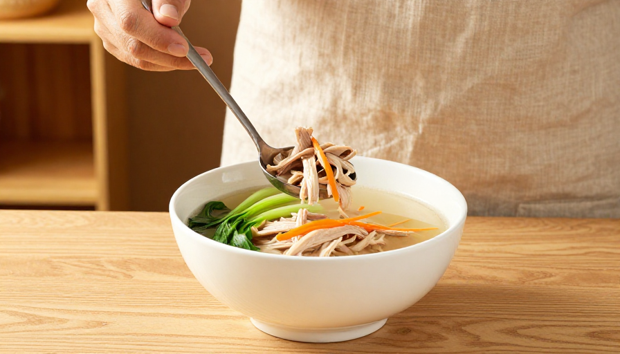 暖光清鸡汤特写:原木餐桌上的鲜味时光