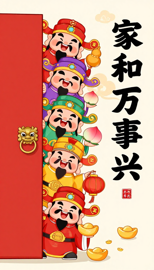 喜庆国风五路财神图，家和万事兴吉祥插画