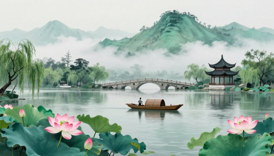 水墨山水:宁静湖山与古韵舟影