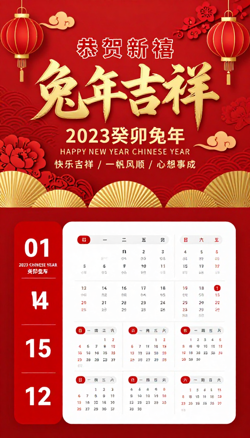 金色兔年日历:喜庆中国风新年海报