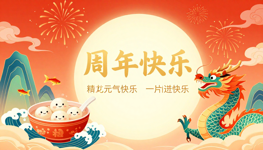 国潮节庆插画:暖橙色调龙凤团圆与元宵庆典