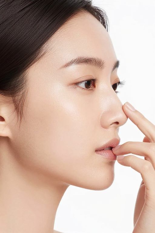 亚洲女性细腻肌肤侧脸特写，柔光呈现自然光泽